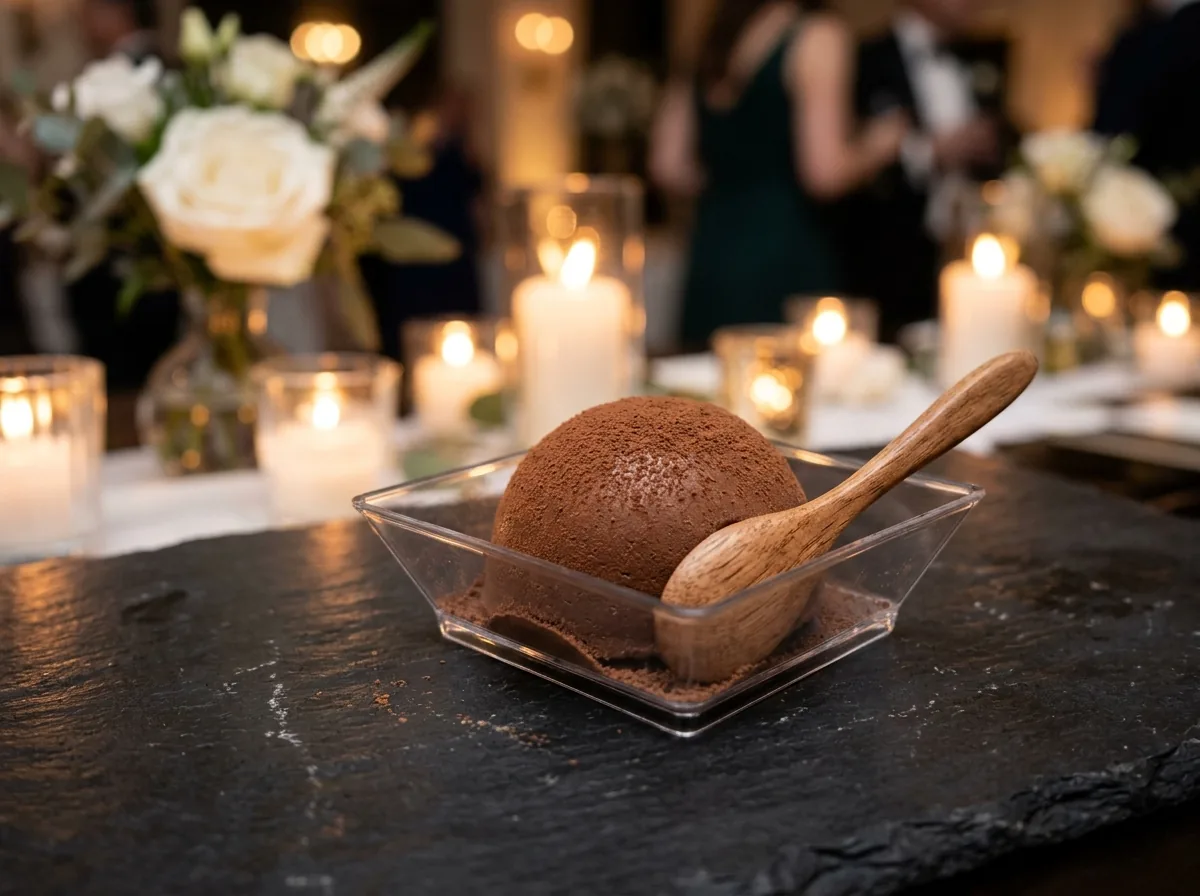 D&D Velvet Mousse Dome with wooden tasting spoon